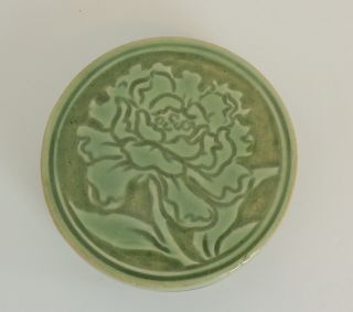 Miranda Thomas Pottery Tile Round Flower Floral Green Arts Crafts Mission Style