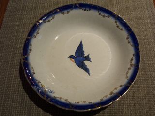 Vintage Flow Blue Style Bluebird China 8 " Serving Dish Bowl Blue Bird
