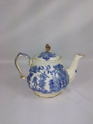 Vintage Sadler England Blue Willow Teapot Blue White Gold Trim With Lid 10 " W