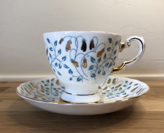 Vintage Tuscan Blue And Gold Flower Leaf Fine English Bone China Cup And Saucer