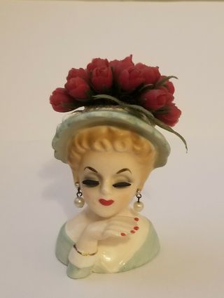 Vintage 1962 Inarco E - 774 Miniature Lady Head Vase W/original Flowers And Pearls