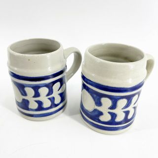 Colonial Williamsburg Pottery Cobalt Blue Leaf Mugs Steins Salt Glaze Set Of 2