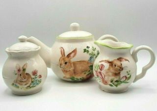 Grace Fine Ceramic Bunny Rabbit Floral Teapot With Creamer And Sugar Bowl