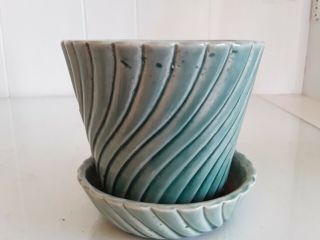 Brush Mccoy Pottery Green Swirled Flower Pot Planter W Saucer 326 Usa 4 " High