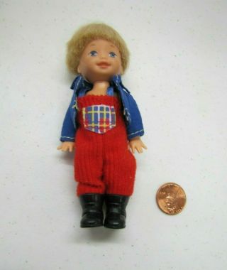 1994 Barbie Kelly Tommy Doll 4.  5 " Blonde Hair Blue Eyes Red Overalls Jacket
