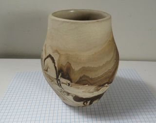Vintage Nemadji Art Pottery Vase W/ Tan With Brown Streaks & Swirls - Head Mark