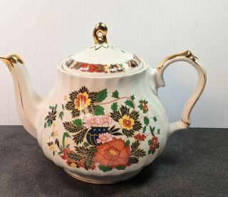 Vintage Sadler Teapot England Swirl Shape Gold Trim Floral & Leaves -