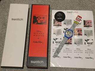 SWATCH X DISNEY X KEITH HARING ECLECTIC MICKEY WATCH SUOZ336,  STICKERS,  BADGE 6