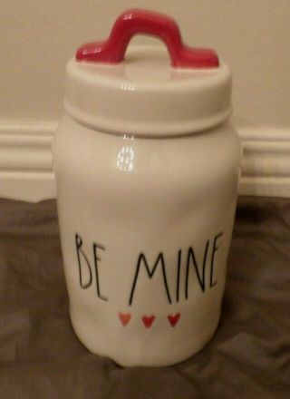 Rae Dunn Valentines Day Ll " Be Mine " Canister With Hearts & Red Top Handle