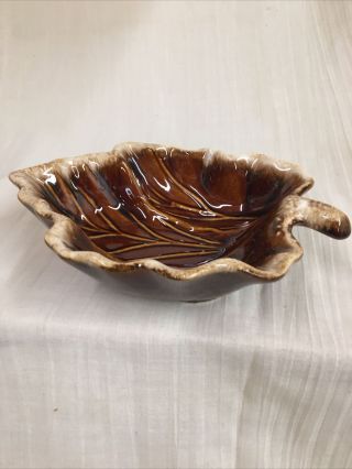 Vtg Hull Pottery Brown Drip Glaze Autumn Leaf Candy Dish