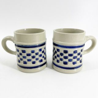 Williamsburg Pottery Small Cobalt Blue Salt Glazed Checkered Coffee Mugs