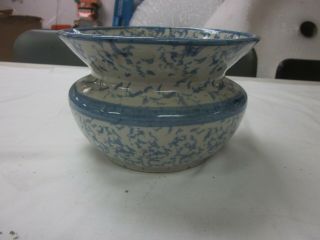 ⭐ Vintage Blue White Spongeware Spittoon Cuspidor Stoneware Pottery Planter