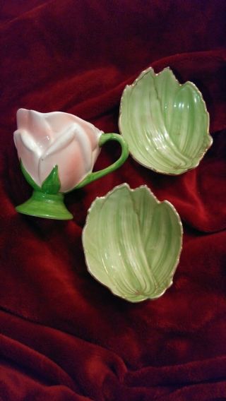 Set Of 2 Vintage Ucagco China Hand Painted Leaf Shaped Dishs With Rose Cup
