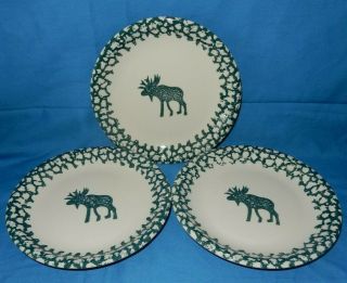 Set Of 3 Folk Craft Moose Country Luncheon Plates Green Sponge North Woods