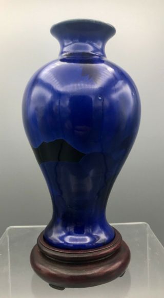 Vintage Wizard Of Clay Deep Blue Crystalline Glaze Bulbous Vase W/ Stand 6 " Tall