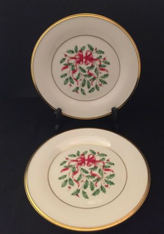 2 Lenox Holiday Red Ribbon Accent Salad Plates 24k Gold Rimmed