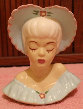 Vintage 7 1/2 " Glazed Glamour Lady Girl Head Vase Wall Pocket Ceramic