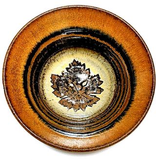 Ceramic Bowl Artist Signed Handmade Engraved Brown Rust Leaf Leaves Vintage Evc