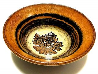 Ceramic Bowl Artist Signed Handmade Engraved Brown Rust Leaf Leaves Vintage EVC 2