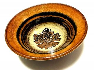 Ceramic Bowl Artist Signed Handmade Engraved Brown Rust Leaf Leaves Vintage EVC 3