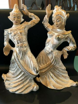 Vintage Gilner Ceramic Male & Female Balinese Dancers White And Gold Figurines