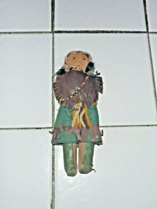 Vintage 9.  5 In.  Iroquois Native American Beaded Leather Doll