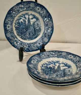 Set Of 4 Liberty Blue Staffordshire " Old North Church " Rimmed 8.  5 " Soup Bowls