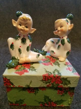 Vintage Lefton Christmas Holly Elf Pixie Sprite Salt & Pepper Shakers No.  1370