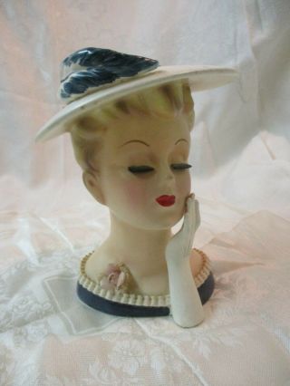 Vintage Japan Lefton Head Vase Woman With Teal Feathers On Hat 2359