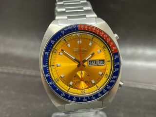 Vintage Seiko Chronograph Automatic 6139 - 6002 Pogue Yellow Dial Red And Blue V6