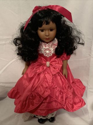 The Brass Key Porcelain Girl Doll 16” Black Hair Brown Eyes With Stand