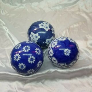3 Vintage Cobalt Blue And White Floral Ceramic Porcelain Decorative Carpet Balls