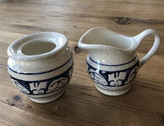 Dedham Pottery Potting Shed Cream & Sugar Crouching Bunny Pattern