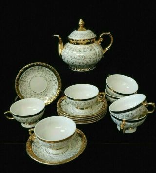16 Pc Vintage Bavaria Ivory & Gold China Tea Pot,  Cups And Saucers