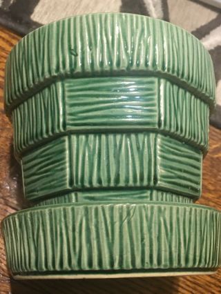 Vintage Mccoy Pottery 5 3/4 " Dark Green Basketweave Flowerpot Attached Saucer
