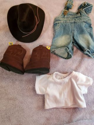 Build A Bear Cowboy Outfit W/hat,  Brown Boots,  Denim Overalls,  Shirt