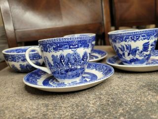 Alfred Meakin Old Willow Blue Tea Cup & Saucer Set 4 Cups And 3 Saucers Vintage