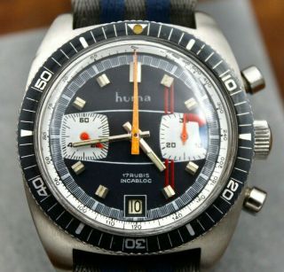 Impressive Huma Vintage Valjoux 7734 Divers Chronograph Watch W/ Date - Serviced