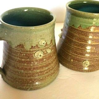 Barnacle Coffee Mugs Hand Thrown Pottery Pair Artist Stamped Seashore Ocean 2