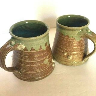 Barnacle Coffee Mugs Hand Thrown Pottery Pair Artist Stamped Seashore Ocean 3