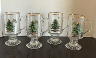 Spode Christmas Tree Irish Coffee Mugs Set Of 4 With Gold Rim & Pedestal