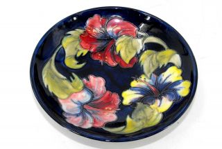 Vintage Moorcroft Pottery Orchid Flowers On Cobalt Dish W/ Label 1953 - 78