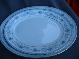 2 Noritake Blue Hill Pattern Oval Serving Platters 12 X 8 1/2 " & 14 X 10 "