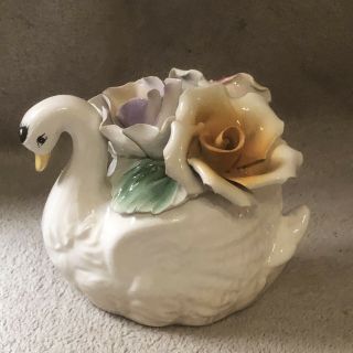 Vintage Capodimonte Porcelain China Swan With 3 Roses Figurine Vanity Decor