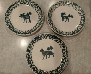 Set Of 3 Tienshan Folk Craft Moose,  Elk,  Wolf.  Dinner Plates Green