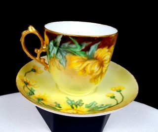 M R Limoges France Martial Redon Yellow Mum 2 1/2 " Cup & Saucer 1891 - 1896