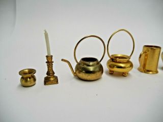 GOLD TONE DOLLHOUSE KETTLE COFFEE GRINDER PHONE MILK CAN CANDLESTICK DOLL HOUSE 2