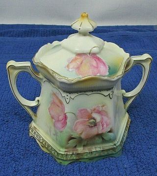 Vintage R.  S.  Prussia Red Mark Hand Painted Sugar Bowl Rose Pattern