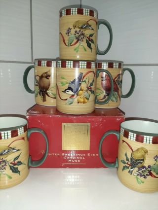 Lenox Set 6 Coffee Tea Mugs Winter Greetings Birds Cardinal Goldfinch Nuthatch