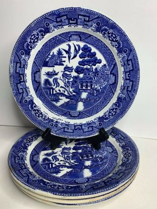 Vintage Blue Willow 9 3/4 " D Dinner Plates,  Set Of 4,  Made In England